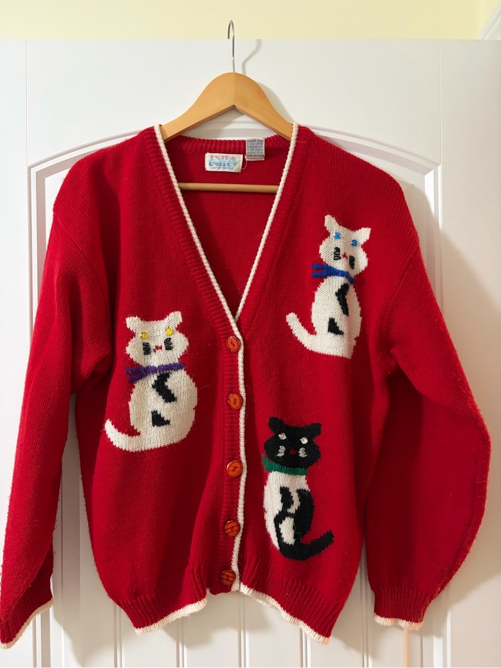 Cute Vintage Cat Knit V-Neck Cardigan Sweater Size M